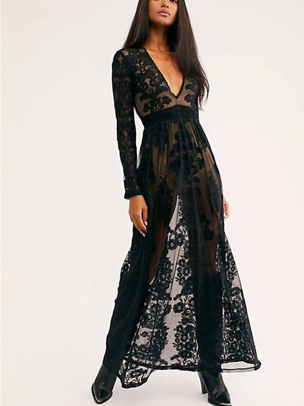 For Love & Lemons Black Sheer Floral Lace Maxi Dress - Picture 1 of 5